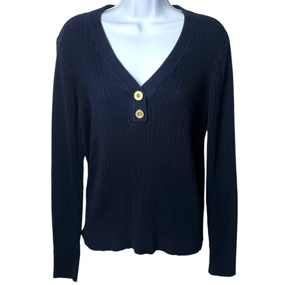 Lauren Jeans Company Navy Classic Ribbed V-Neck Henley Old Money Cabin Cozy L - Picture 2 of 10